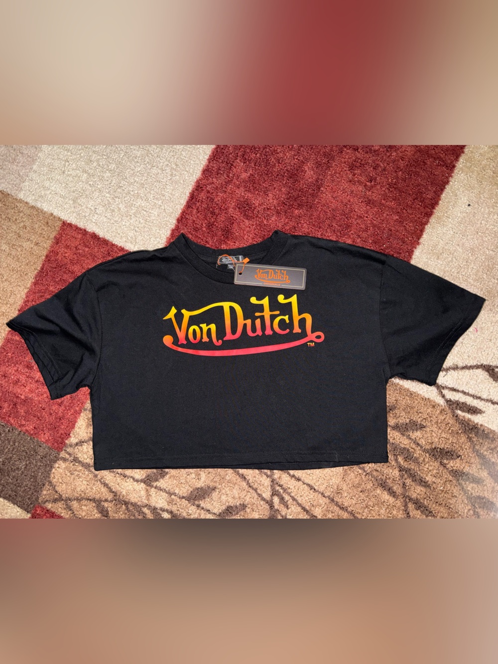 Von Dutch Black Cropped Tee with Yellow and Red Ombré Logo- Size Medium New